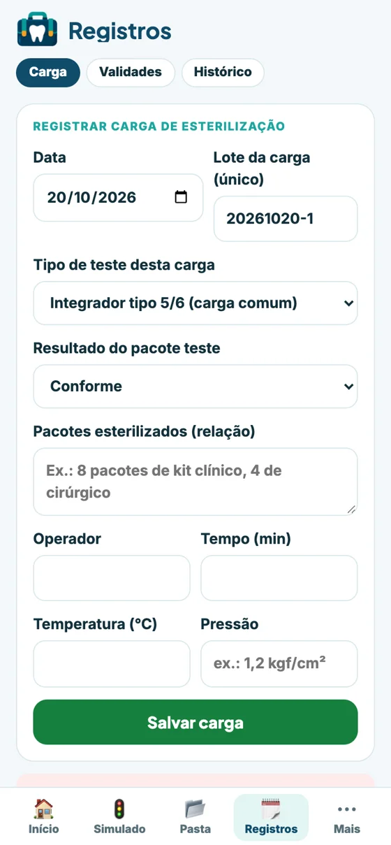 App: registro da carga de esterilização com lote único