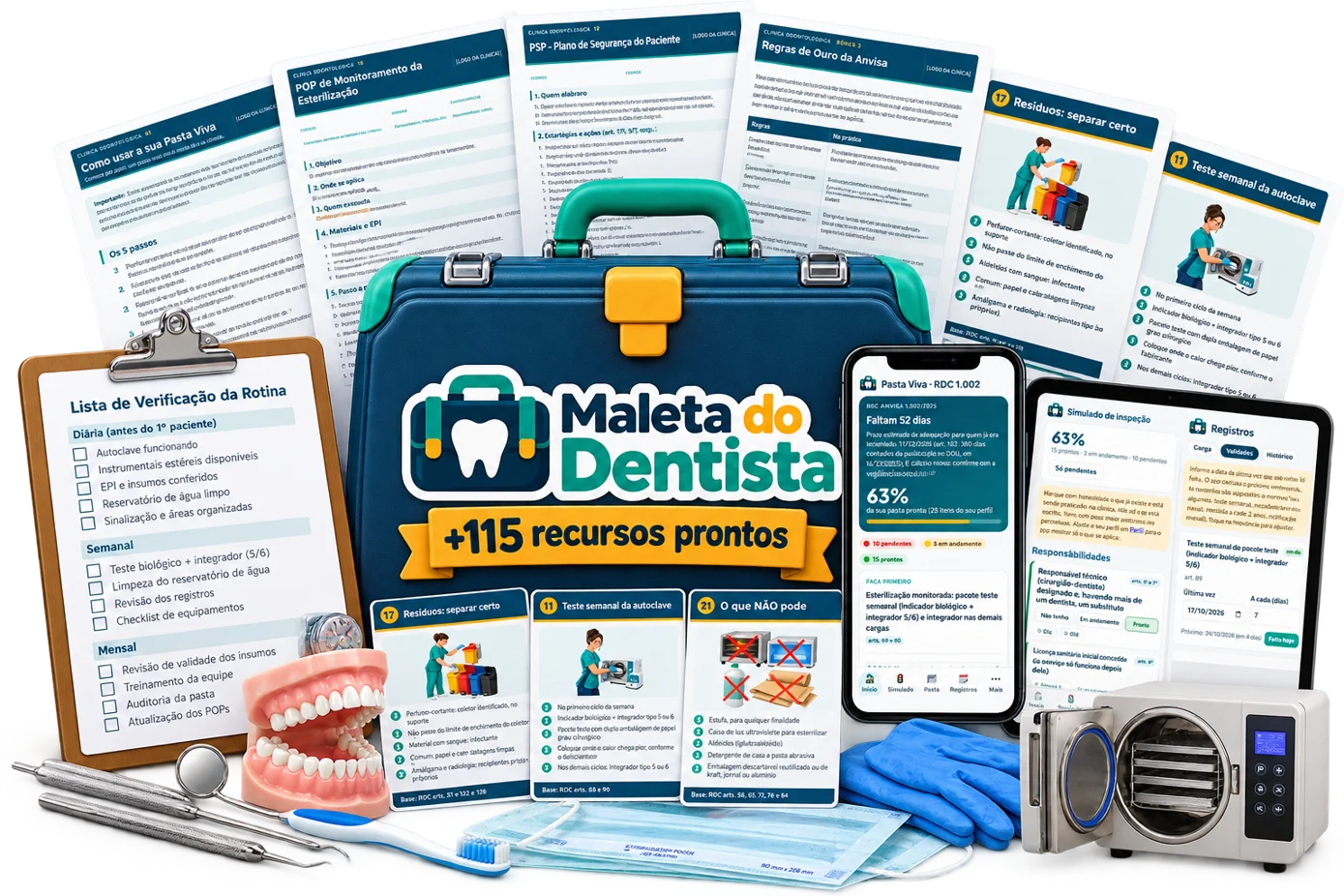 Maleta do Dentista: documentos em Word, app Pasta Viva no celular, cartões de bancada e planilhas
