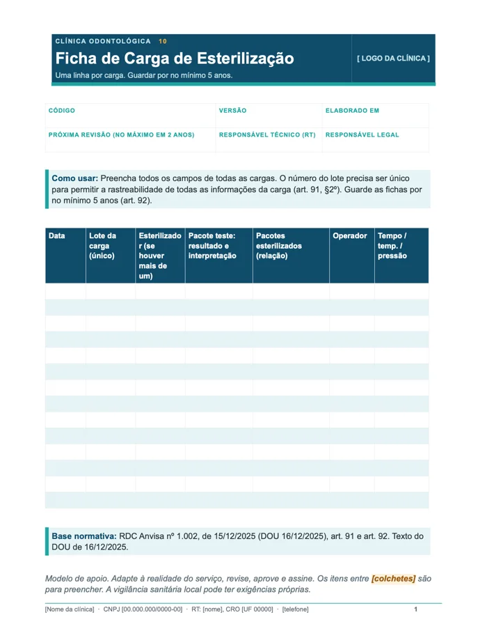 Ficha de carga de esterilização com lote único (Word)
